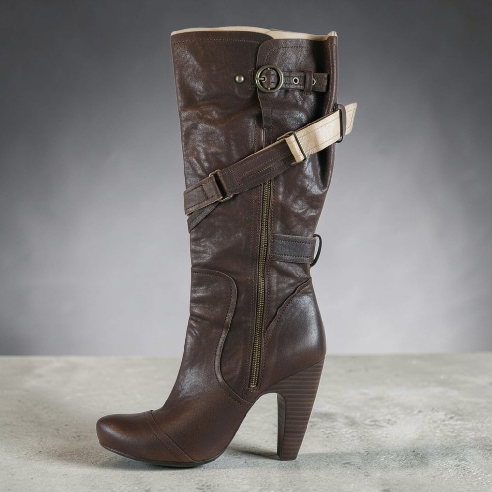 Seychelles 7.5 Mid Calf Boots Heel Brown Leather Distressed Strappy Riding
